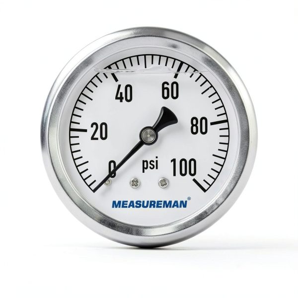 MEASUREMAN 2-1/2" Dial Size, Glycerin Filled Plumbing Pressure Gauge, 0-100psi, Stainless Steel Case, 1/4" NPT Back Mount-1