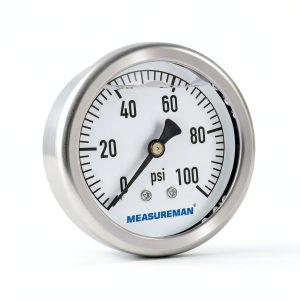 MEASUREMAN 2-1/2" Dial Size, Glycerin Filled Plumbing Pressure Gauge, 0-100psi, Stainless Steel Case, 1/4" NPT Back Mount-0