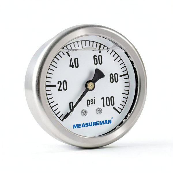 MEASUREMAN 2-1/2" Dial Size, Glycerin Filled Plumbing Pressure Gauge, 0-100psi, Stainless Steel Case, 1/4" NPT Back Mount-0